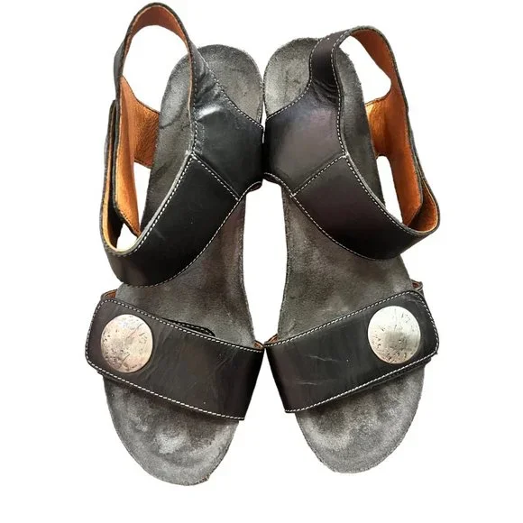 TAOS CAROUSEL 3 WEDGE SANDALS EU 38 US 7 - 7.5 BLACK HEEL SILVER LEATHER SHOE - Picture 2 of 7